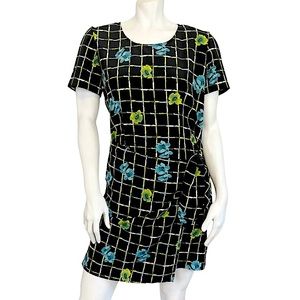 VINTAGE 90s Y2K Black Grid Floral Print Faux Wrap Short Sleeve Mini Dress